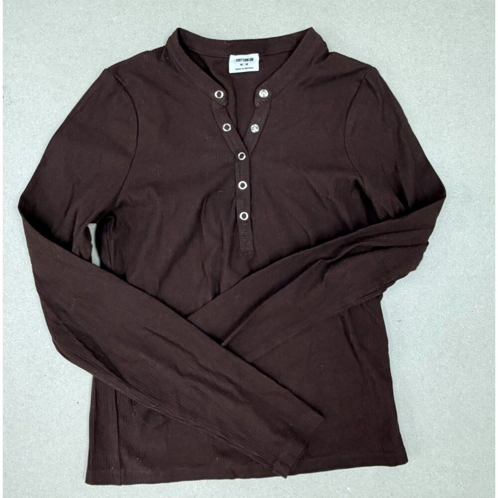 Cotton On Brown Henley Long Sleeve Top Women’s Medium Fitted Snap Front